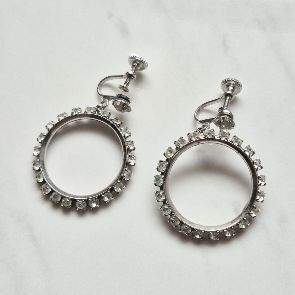 Vintage Silver Tone Rhinestone Screw Back Hoop Earrings